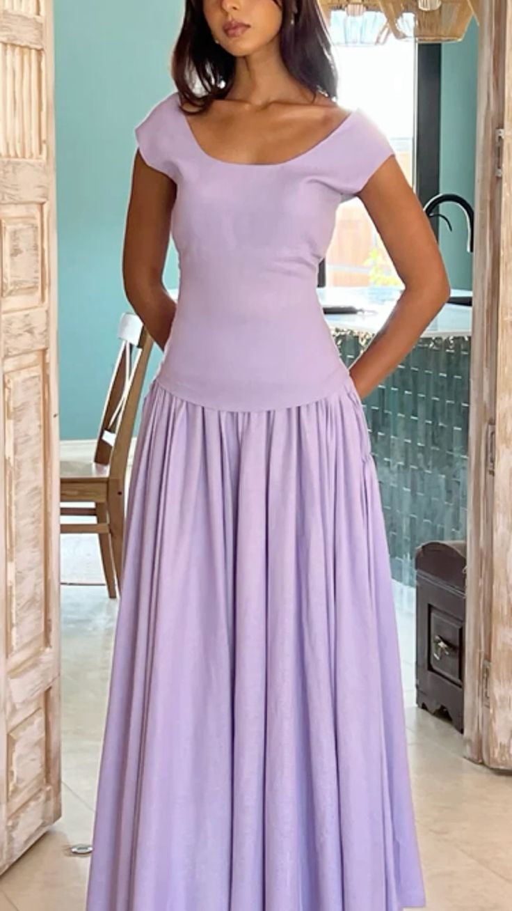 Simple Lilac A Line Round Neck Satin Long Prom Dress Party Dress DP4131