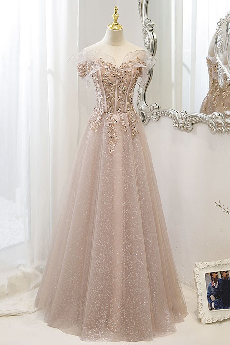 A Line Off the Shoulder Sequin Tulle Long Prom Dress Evening Dress DP1217