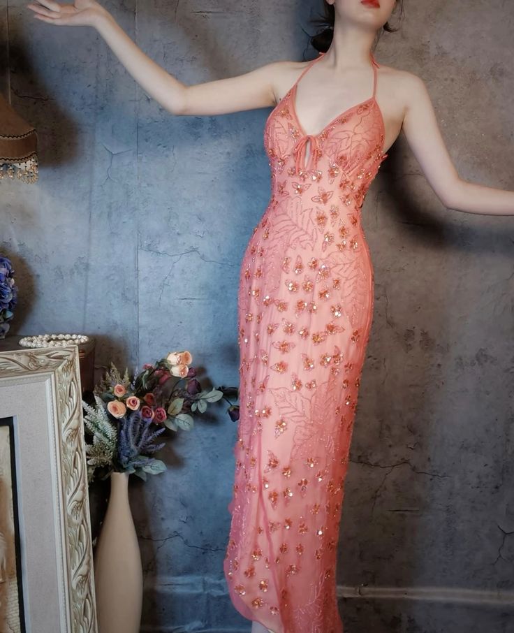 Stunning Sheath Halter Beaded Pink Chiffon Open Back Party Dress Evening Dress DP2366