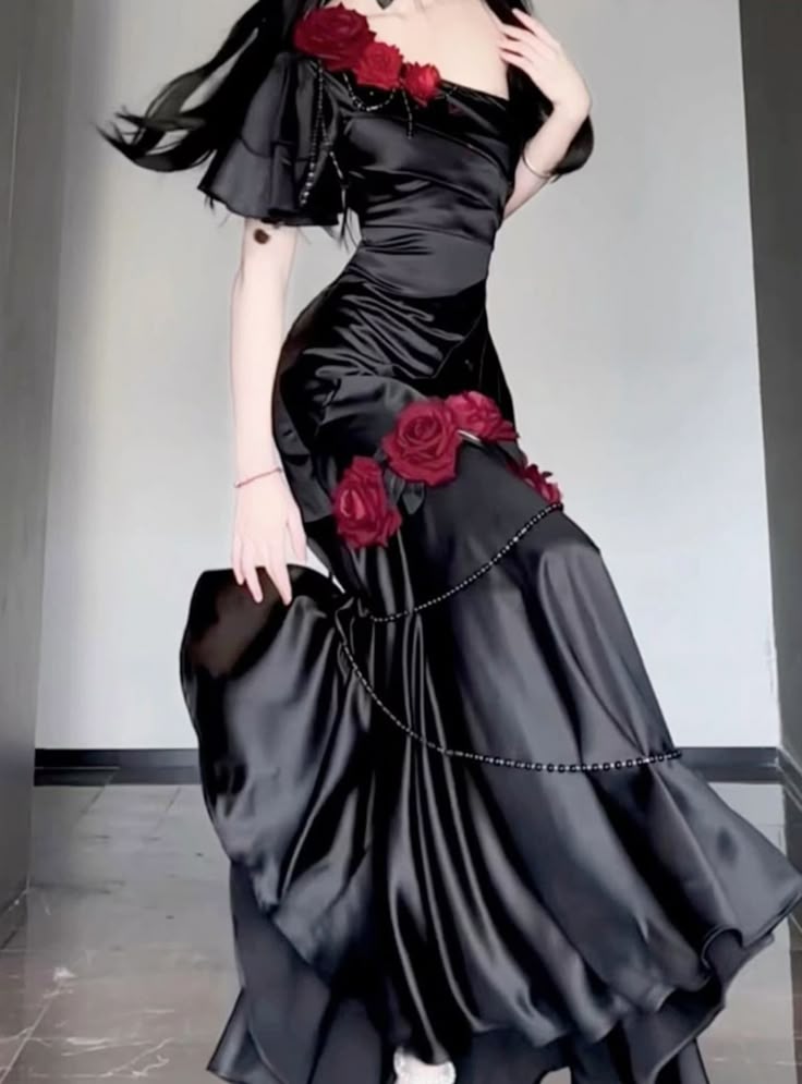 Sexy Mermaid One Shoulder Burgundy Floral Black Satin Prom Dress Party Dress DP4202