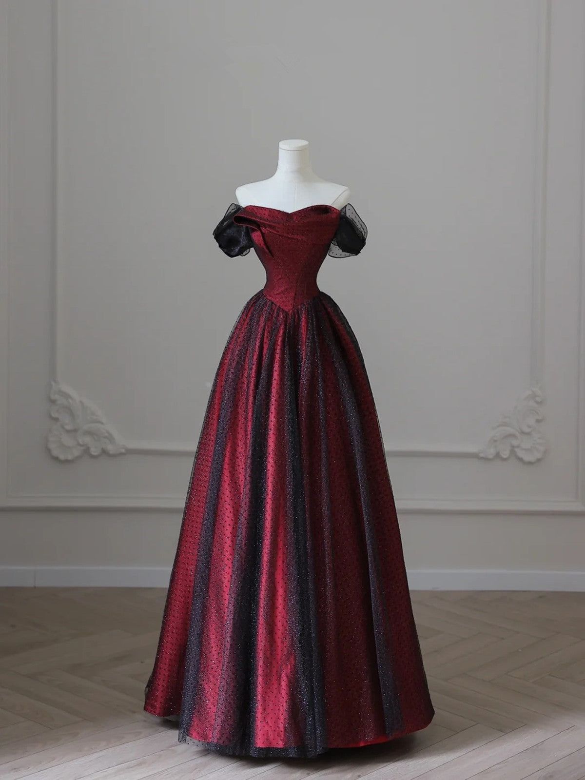 Elegant A Line Off the Shoulder Black Tulle Burgundy Satin Long Prom Dresses Evening Gowns DP4208