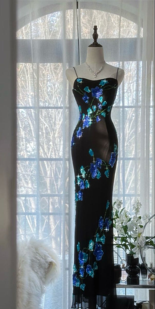 New Sheath Spaghetti Strap Sequin Black Chiffon Long Prom Dress Graduation Prom Dress DP2221