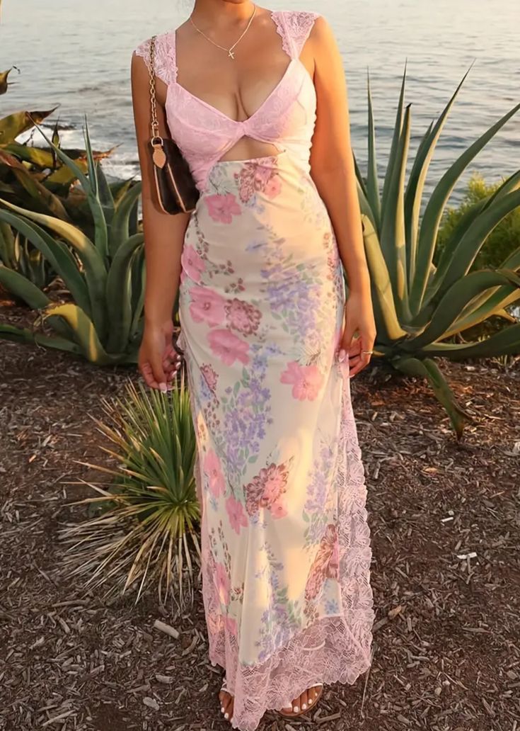 Gentle Sheath Spaghetti Straps Print Floral Chiffon Lace Prom Dress with Slit DP4002