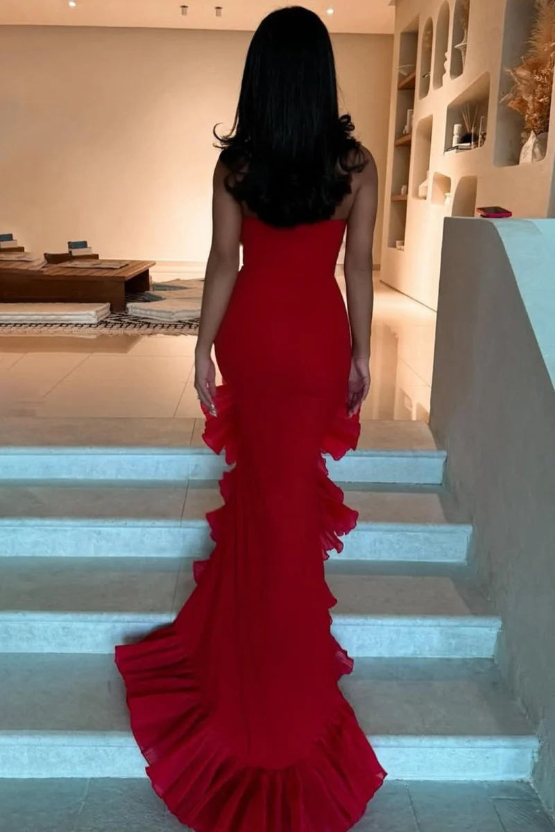 Charming Red Mermaid Strapless Satin Long Evening Dress Prom Dress DP7680