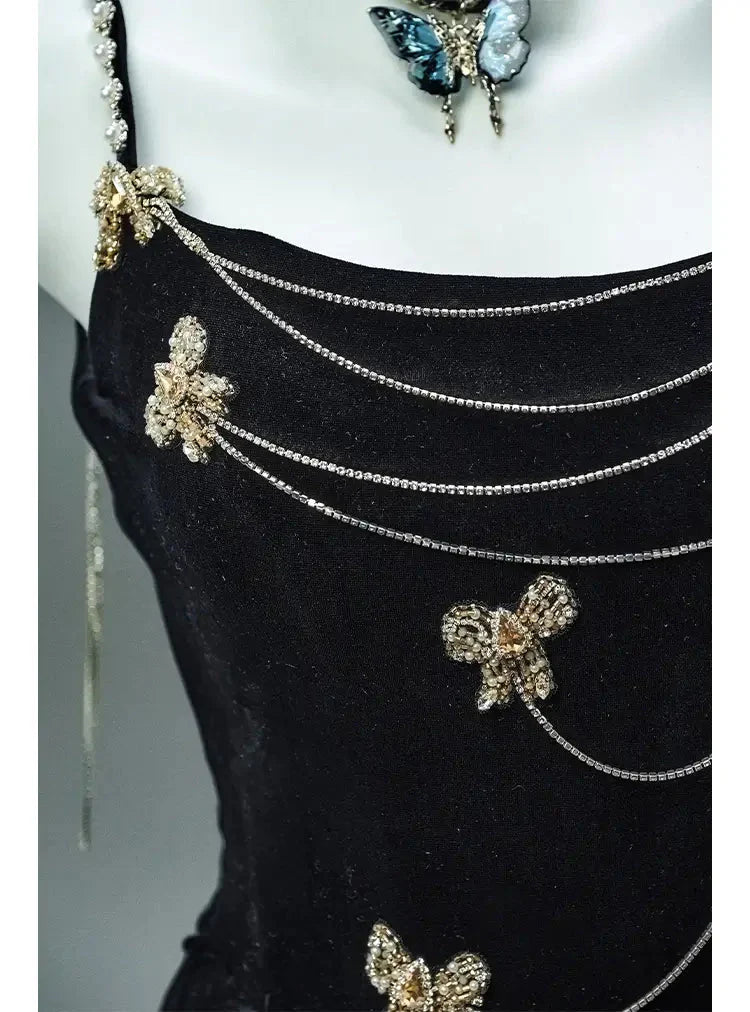 Secretly A Line Spaghetti Strap Beaded Pearl Black Velvet Party Dress Evening Dress DP2413