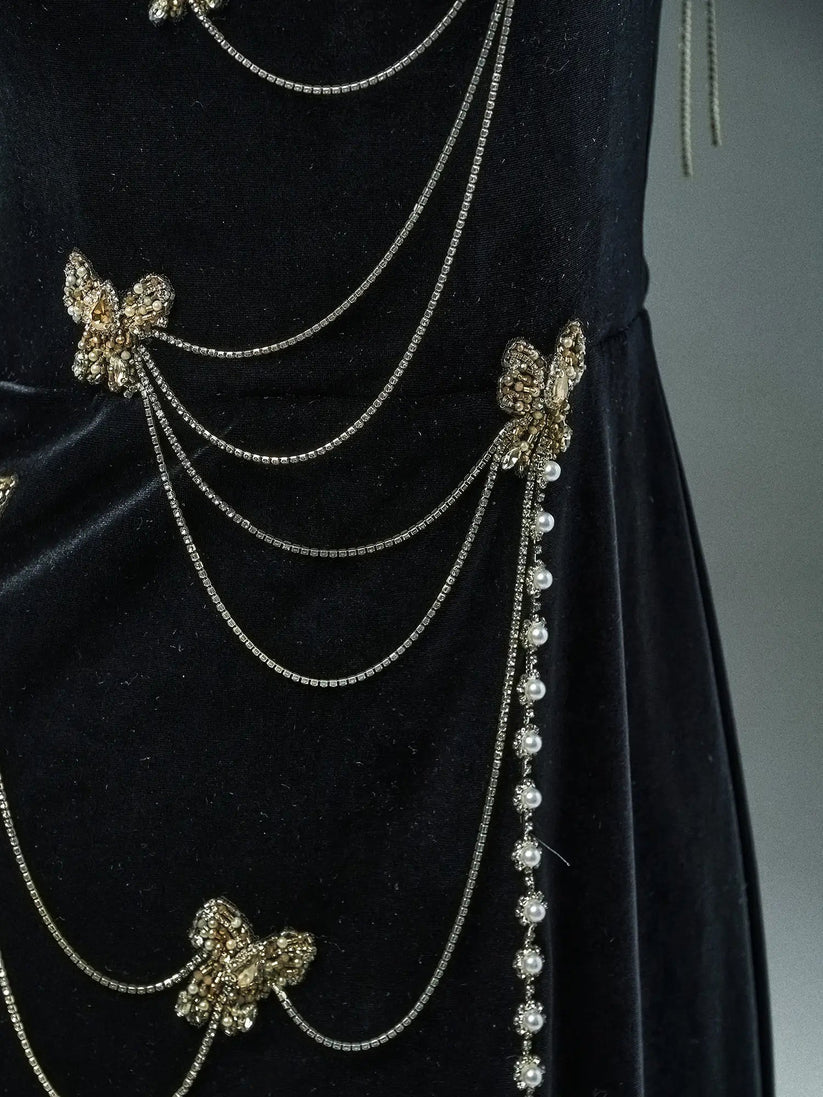 Secretly A Line Spaghetti Strap Beaded Pearl Black Velvet Party Dress Evening Dress DP2413