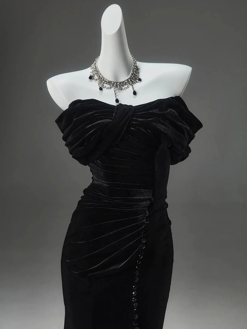 Elegant Mermaid Off the Shoulder Black Velvet Long Prom Dresses Formal Evening Dress DP2380