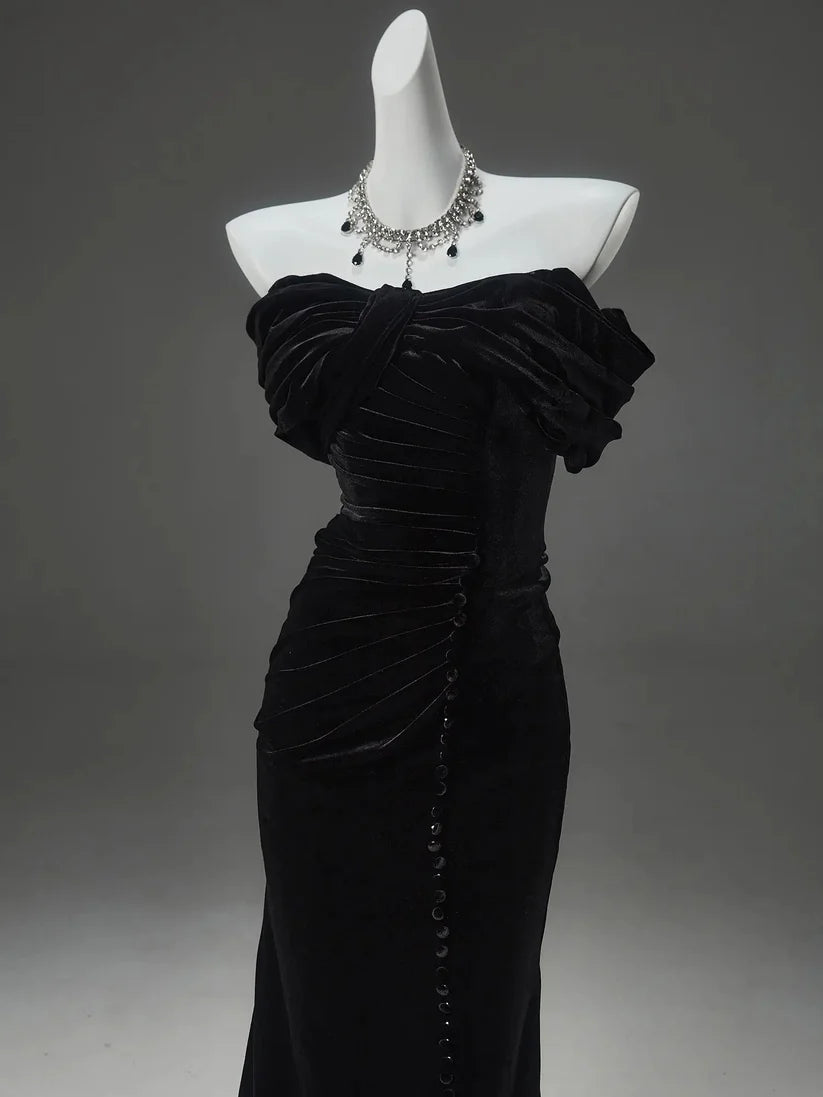 Elegant Mermaid Off the Shoulder Black Velvet Long Prom Dresses Formal Evening Dress DP2380