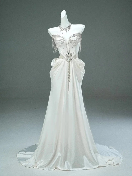 Gorgeous A Line Strapless Rhinestone White Satin Long Prom Dresses Formal Evening Dress DP2381