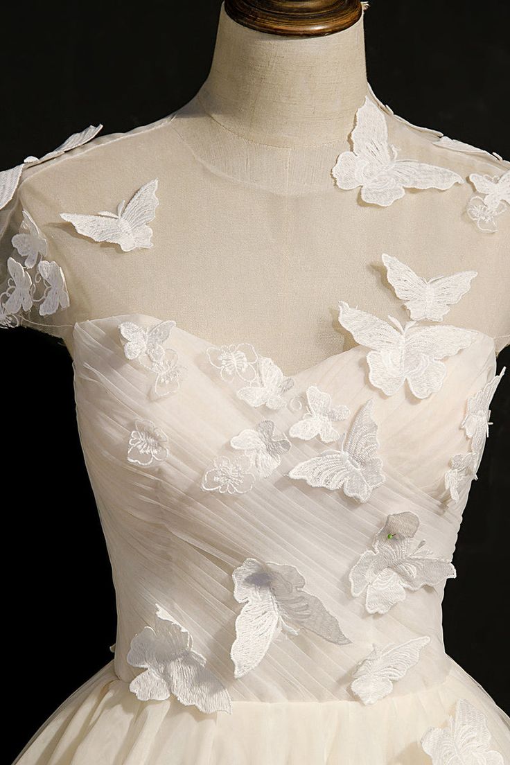 White A Line Round Neck Butterfly Appliques Tulle Short Homecoming Dress DP1327