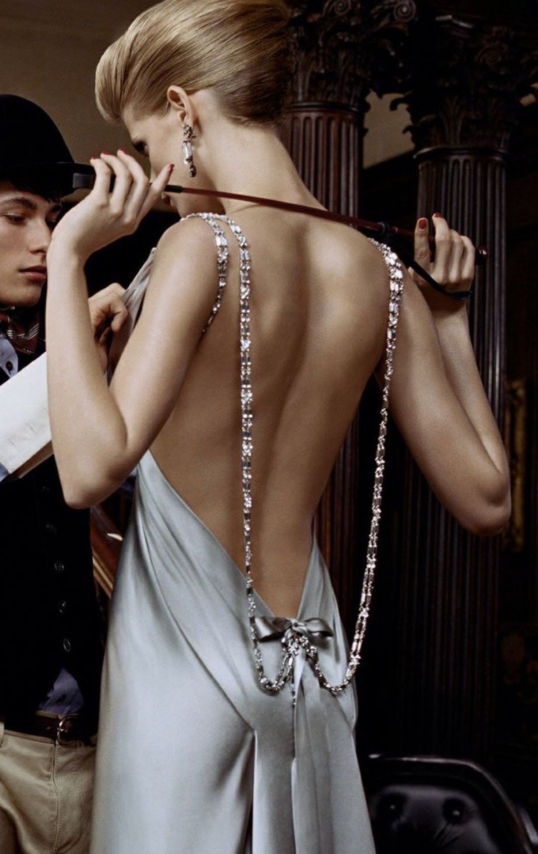 Silver A Line V Neck Beaded Satin Open Back Long Prom Dress DP4412