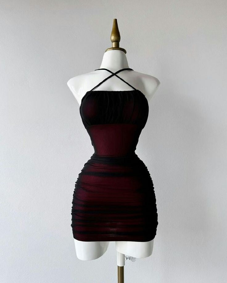 Sheath Halter Black Tulle Burgundy Satin Mini Homecoming Dress Cocktail Dress DP2888