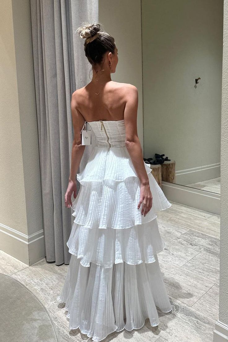 Simple White A Line Strapless Layered Chiffon Prom Dress Evening Dress DP1209