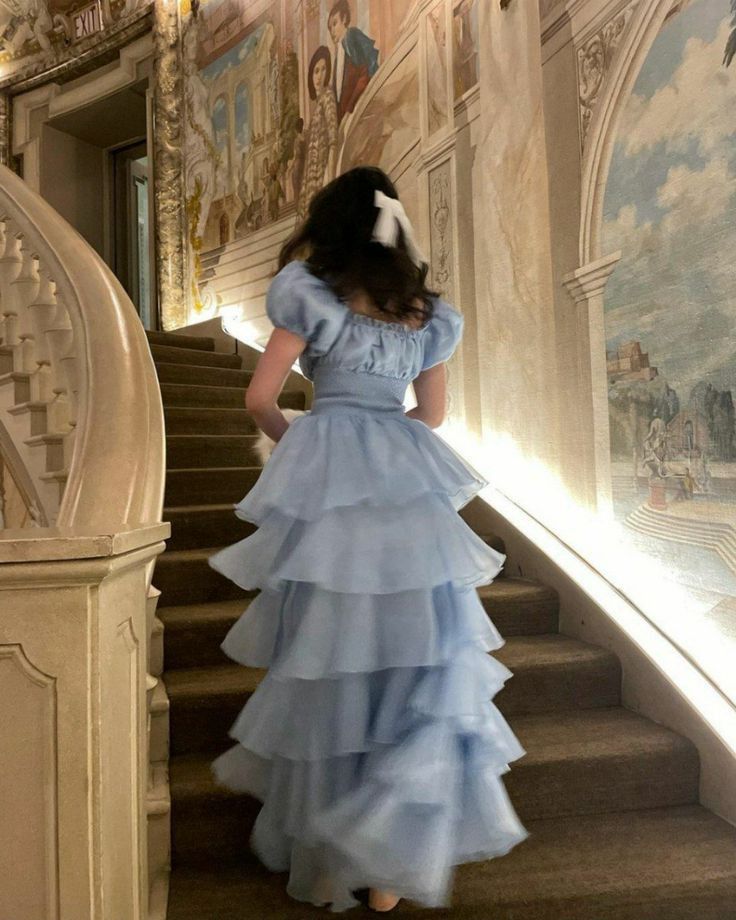 Blue A Line Puff Sleeve Layered Satin Organza Long Prom Dress Evening Dress DP1333
