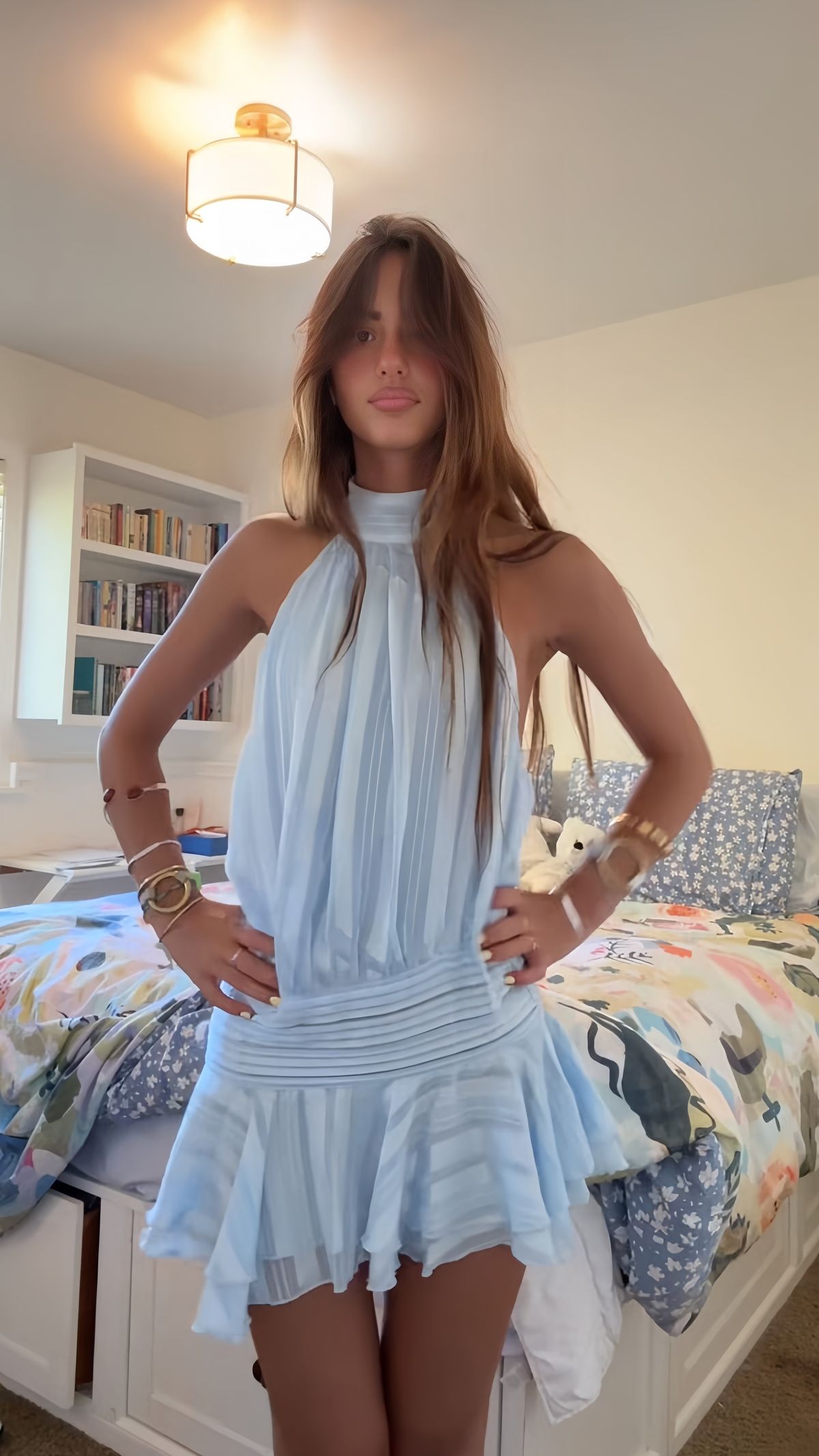 Blue A Line Halter Satin Short Open Back Homecoming Dress Birthday Dress DP4015