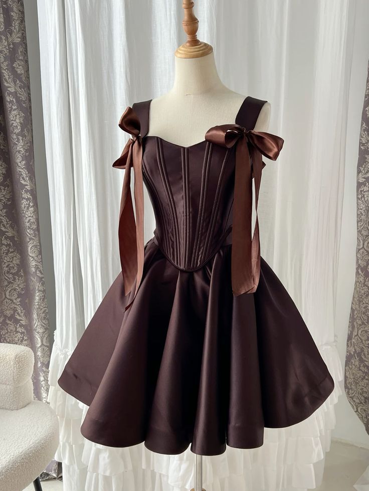 Dark Brown A Line Bow Strap Satin Short Homecoming Dress Party Dress DP3867