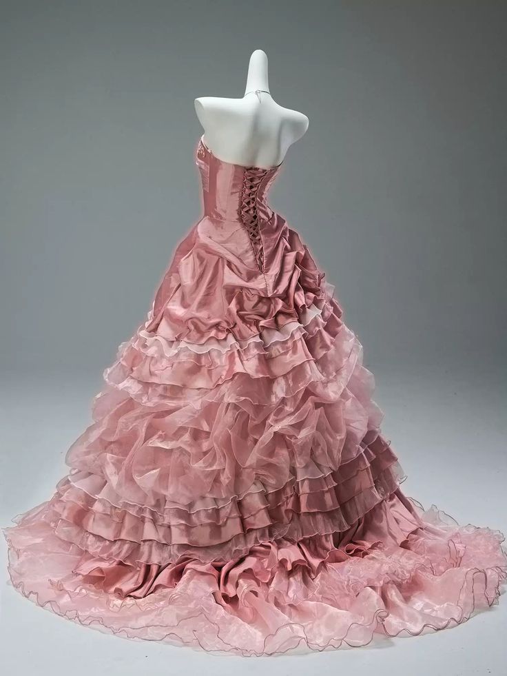 Pink Ball Gown Strapless Layered Organza Satin Long Prom Dresses DP4180