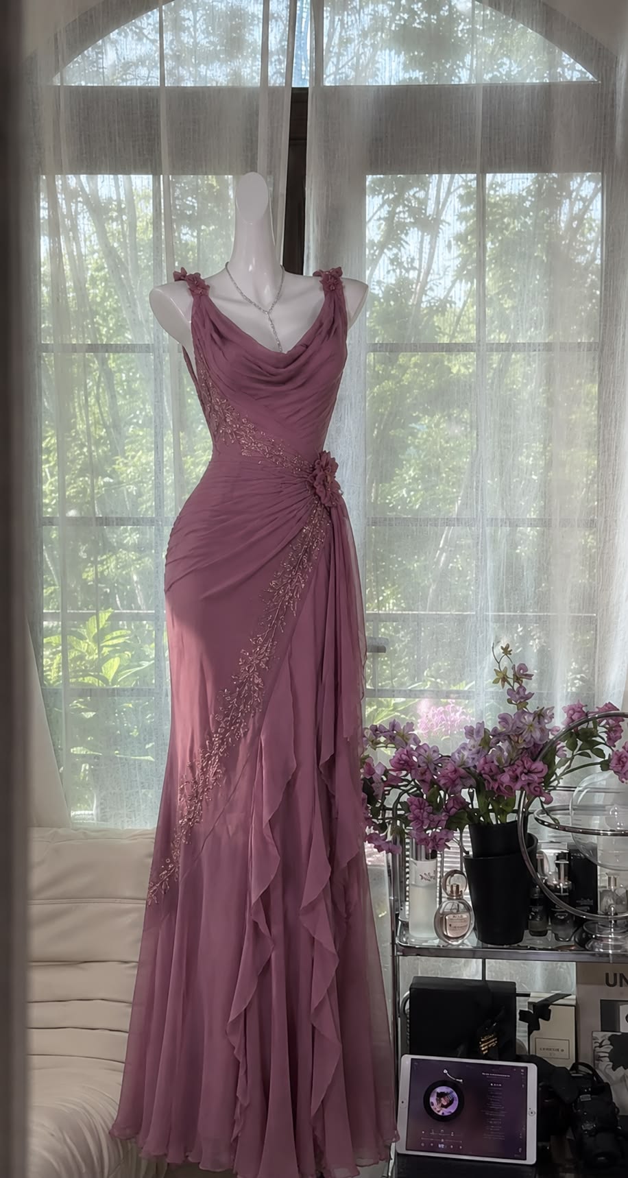 Vintage Mermaid Spaghetti Straps Beaded Ruffle Chiffon Long Prom Dress Party Dress DP5811