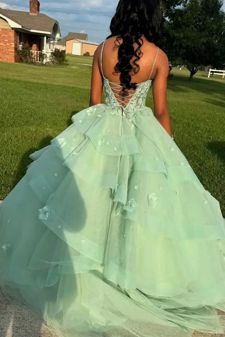 Princess Green A Line Straps Appliques Ruffle Tulle Evening Dress Prom Dress DP7659
