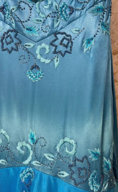 Vintage Lake Blue Mermaid V Neck Beaded Satin Prom Dress DP4934
