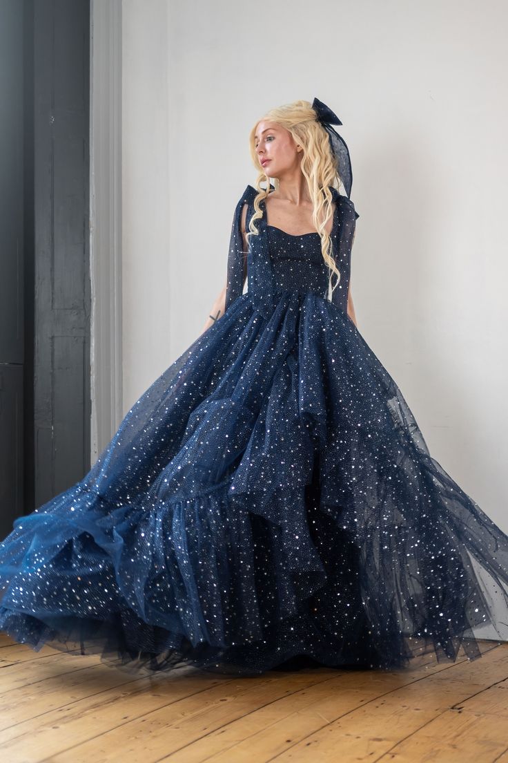 Star Sequin Navy Blue A Line Straps Layered Tulle Date Dress Prom Dress Evening Dress DP3371