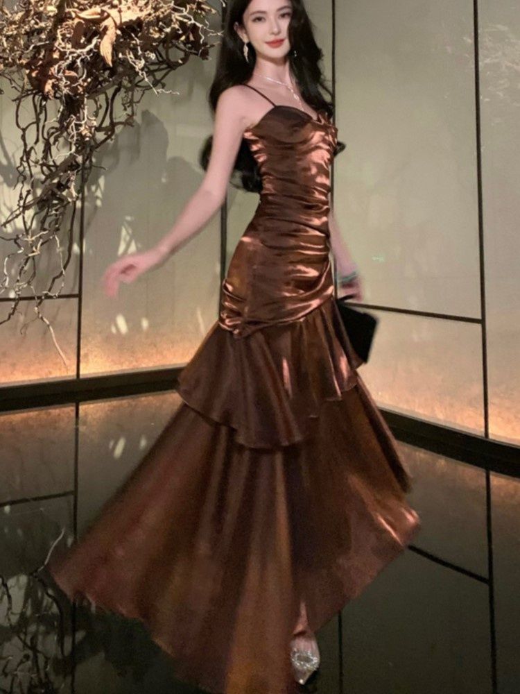 Brown Mermaid Spaghetti Straps Long Prom Dresses Birthday Party Dress Evening Gowns DP4236