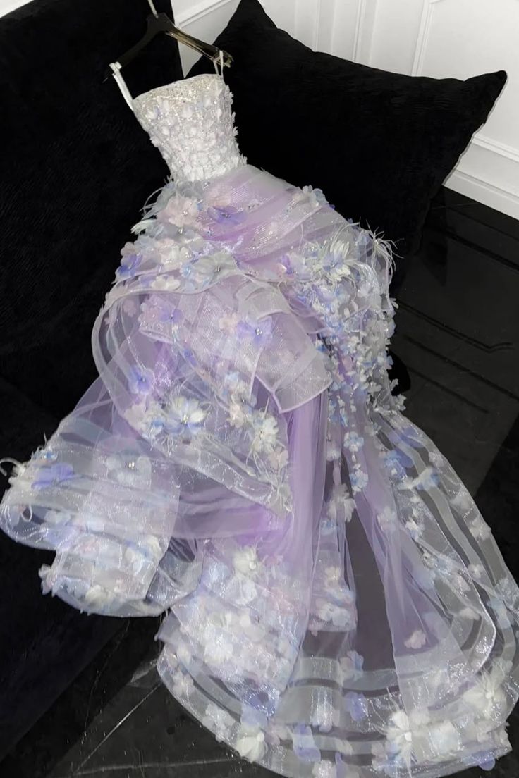 Dreamy A Line Strapless Flower Purple Tulle Long Prom Dress Evening Dress DP2061