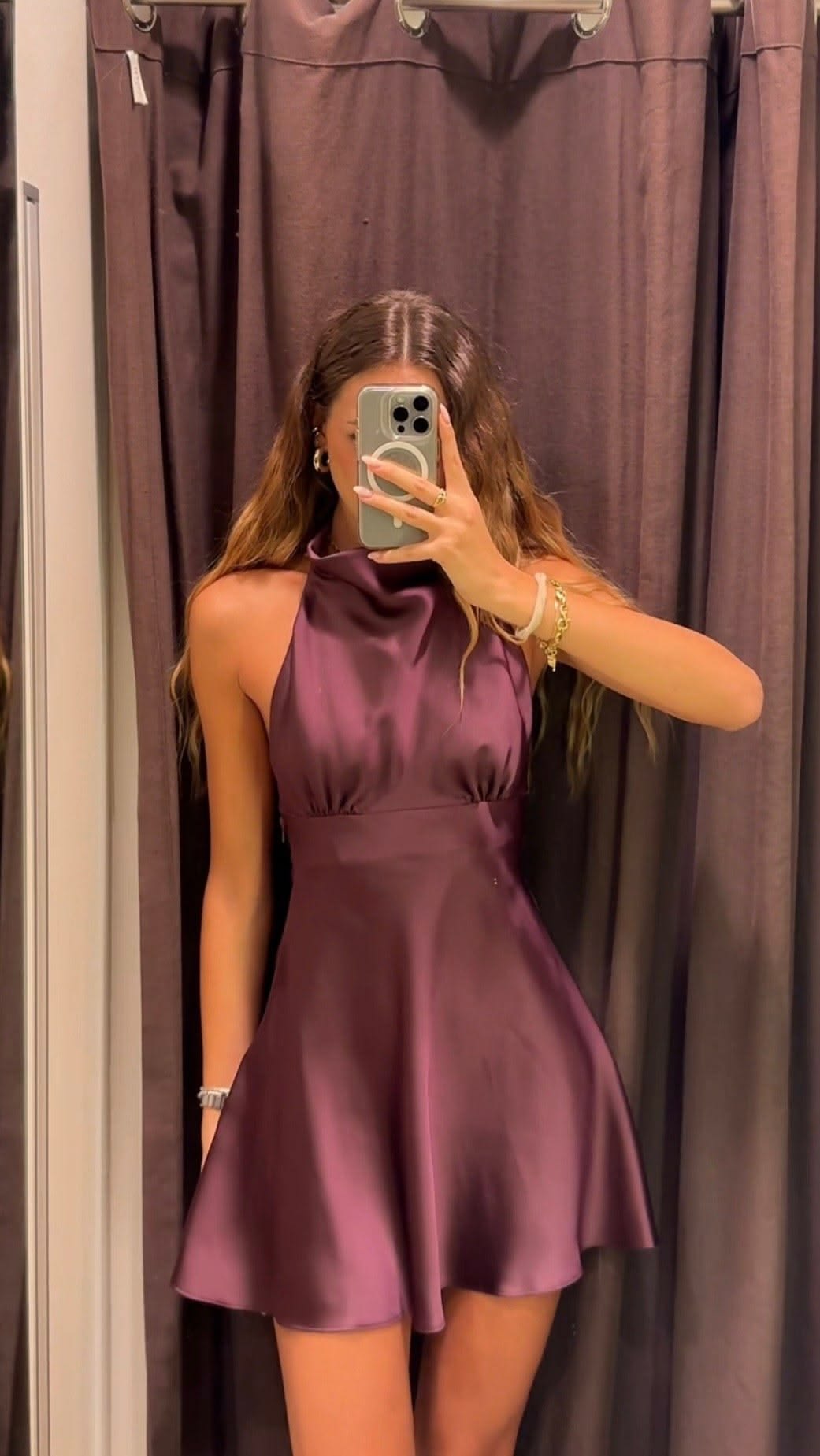 Grape Purple A Line Halter Satin Backless Short Homecoming Dress Outfits DP6887