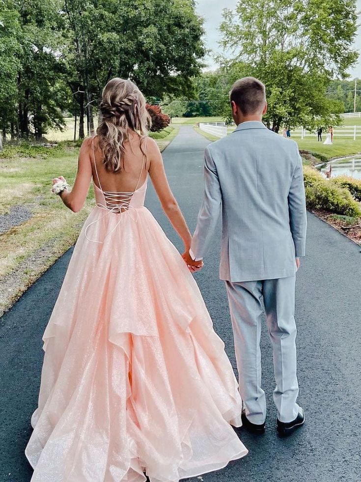 Romantic A Line Spaghetti Strap Sequins Backless Tulle Prom Dresses DP935