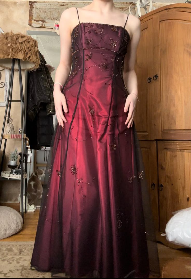 Burgundy Ombre Exquisite Beaded A Line Spaghetti Strap Satin Chiffon Prom Dress Evening Dress DP3162