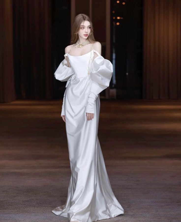Elegant Mermaid Long Sleeve White Satin Long Prom Dress Party Dress DP3624