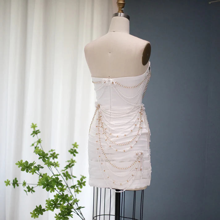 Sheath Strapless Beads Pearl Draped White Satin Mini Dress Outfits DP1388