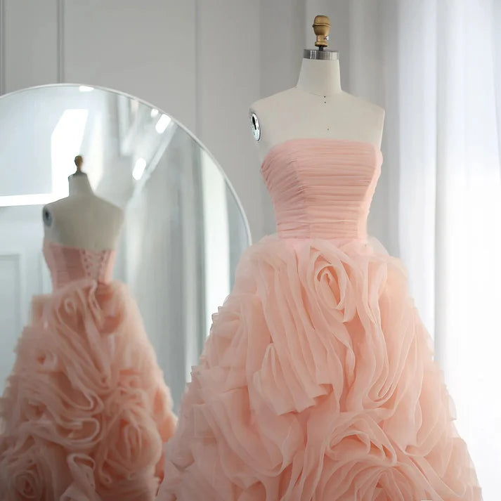 Elegant A Line Strapless Rose Ruffle Tulle Prom Dress DP810