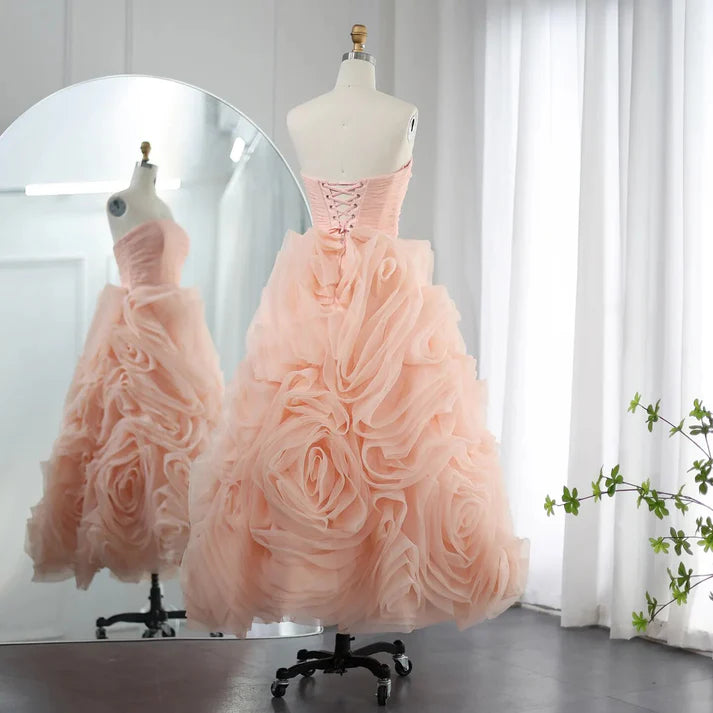 Elegant A Line Strapless Rose Ruffle Tulle Prom Dress DP810
