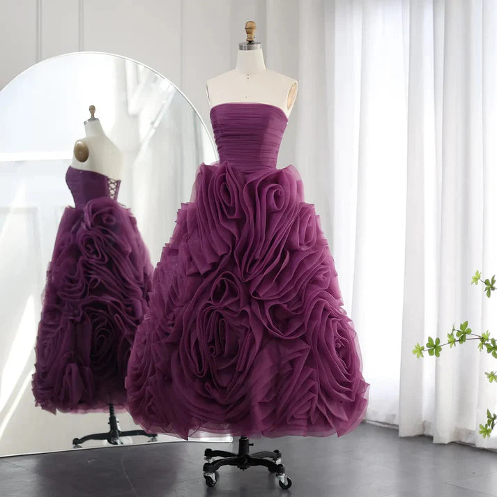 Elegant A Line Strapless Rose Ruffle Tulle Prom Dress DP810