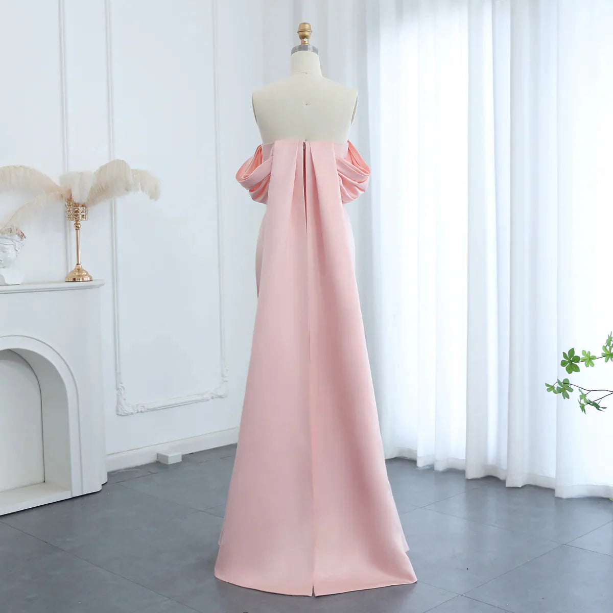 Pink Mermaid Off the Shoulder Rhinestone Satin Long Prom Dress Evening Dress DP1406