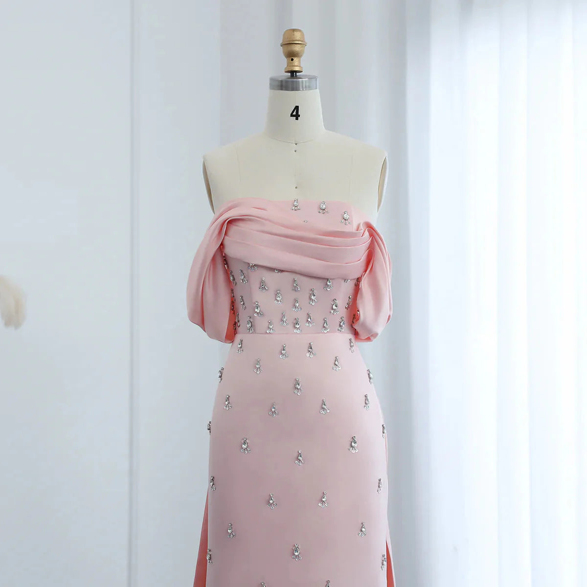 Pink Mermaid Off the Shoulder Rhinestone Satin Long Prom Dress Evening Dress DP1406