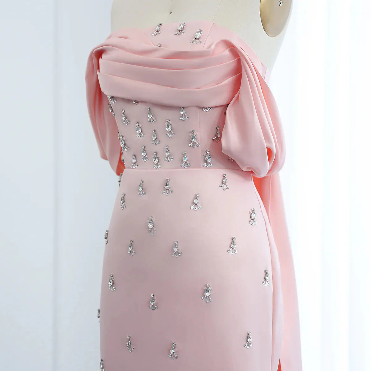 Pink Mermaid Off the Shoulder Rhinestone Satin Long Prom Dress Evening Dress DP1406