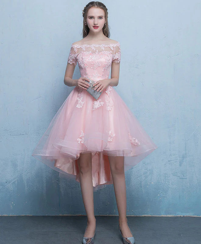 Dark Blue Lace Tulle Short Prom Dress, High Low Evening Dress Homecoming Dress DP3370