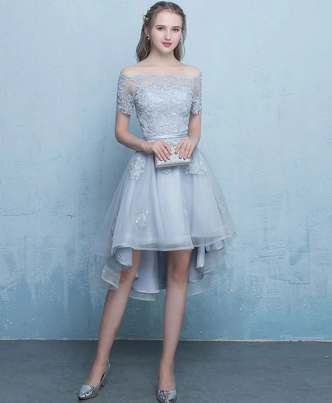 Dark Blue Lace Tulle Short Prom Dress, High Low Evening Dress Homecoming Dress DP3370