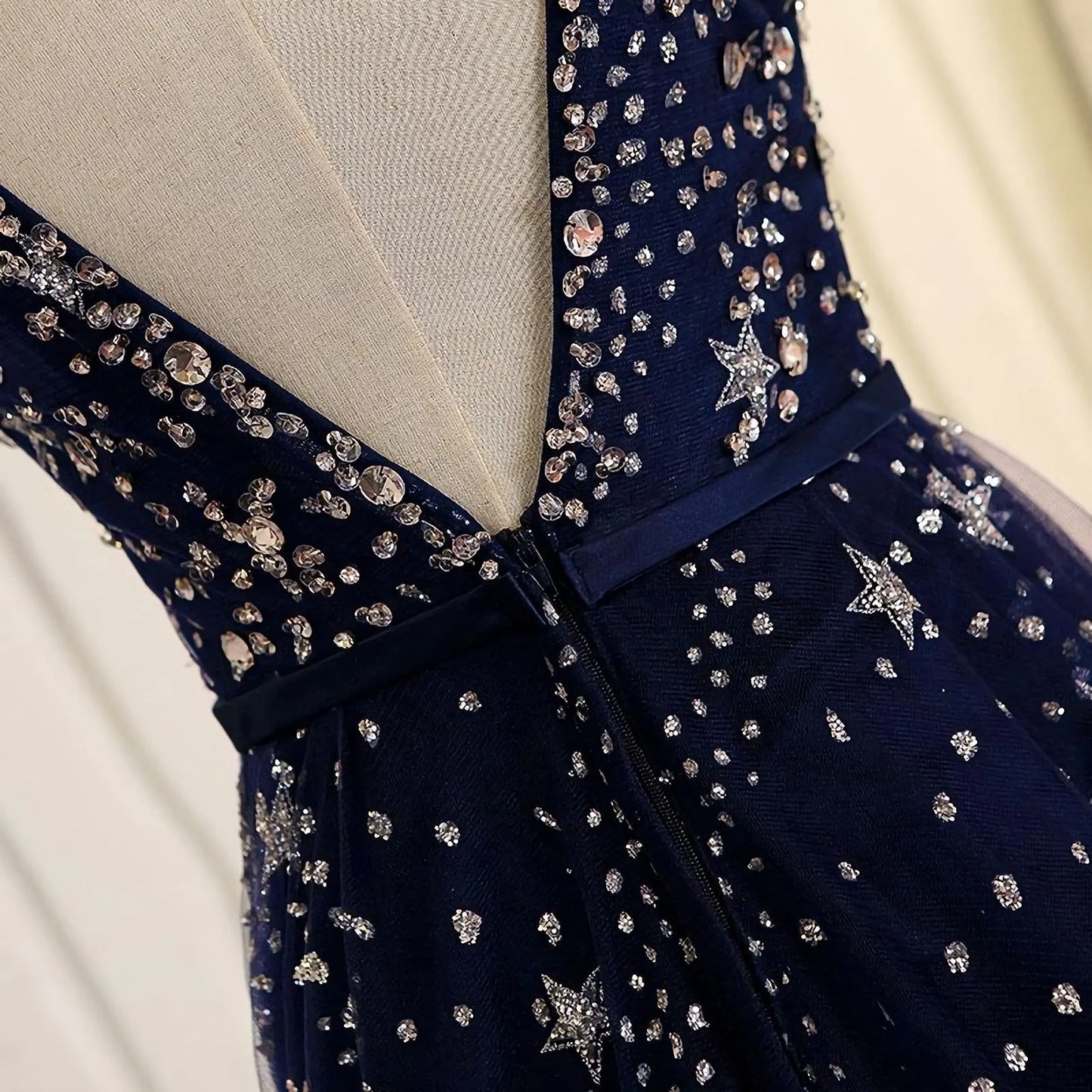 Blue A Line Beaded Sequins Tulle Long Prom Dress Evening Dress DP813