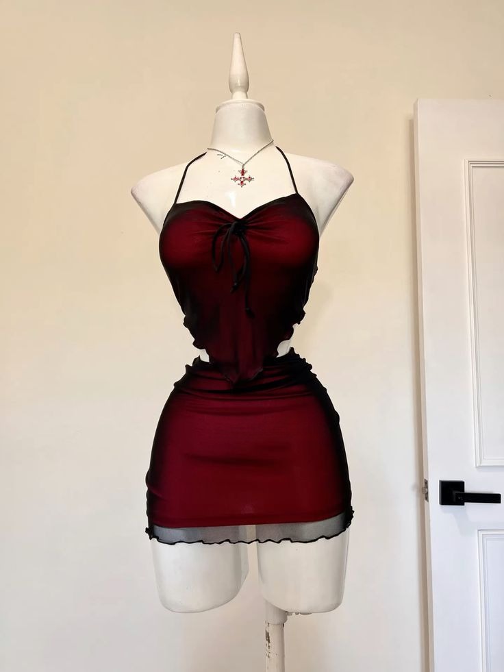 Two Piece Halter Black Tulle Burgundy Satin Mini Homecoming Dress Cocktail Dress DP2889