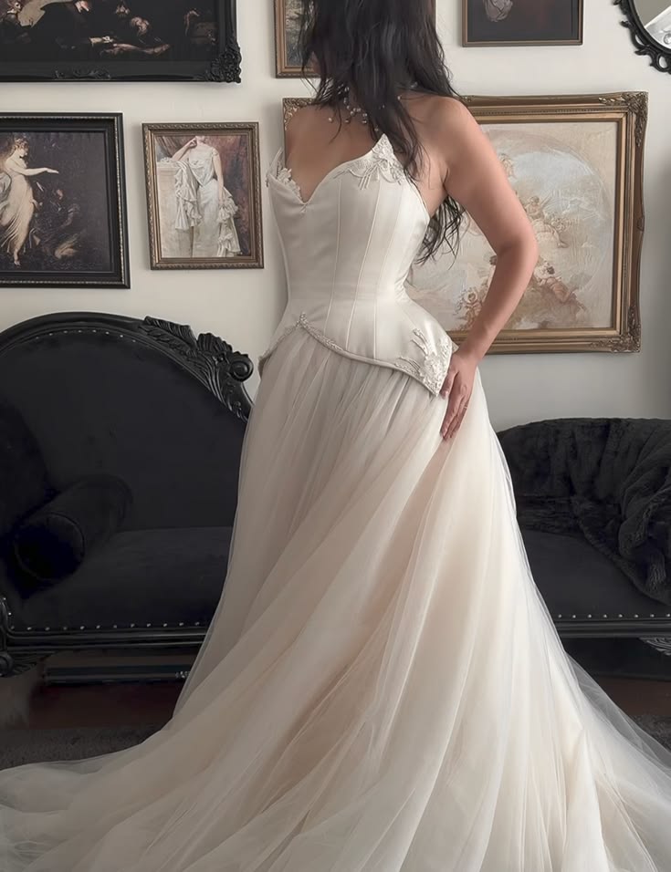 Romantic A Line Strapless Appliques Satin Tulle Long Prom Dress Wedding Dress DP6562