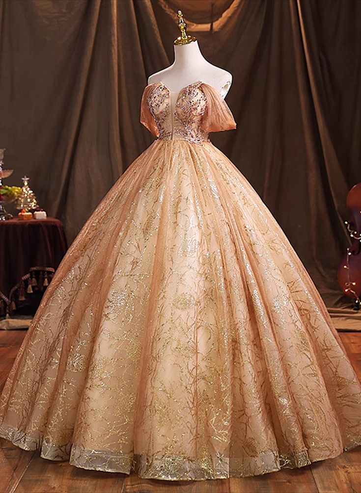 Gold A Line Off-the-shoulder Sequin Tulle Long Ball Gown Formal Dress DP888