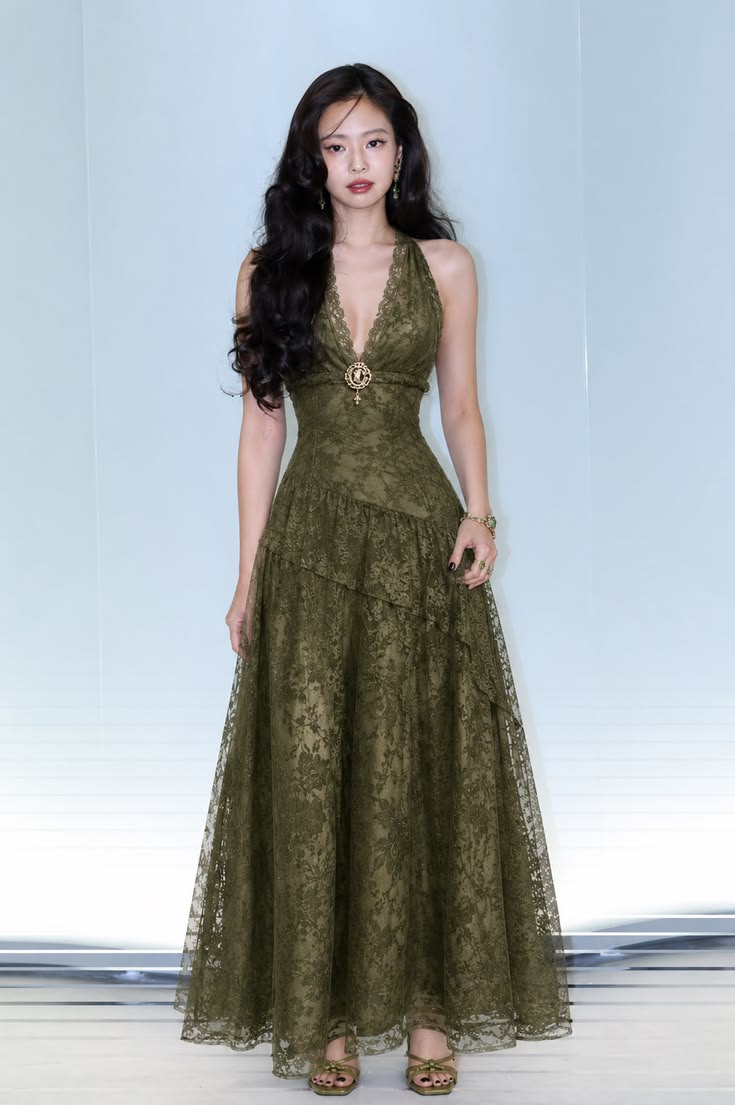 Elegant A Line Halter Olive Green Lace Backless Prom Dress Evening Dress DP6745