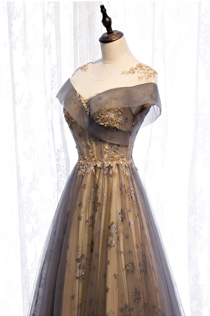 A Line Scoop Sequins Appliques Gray Tulle Long Prom Dress Evening Party Dress DP1369