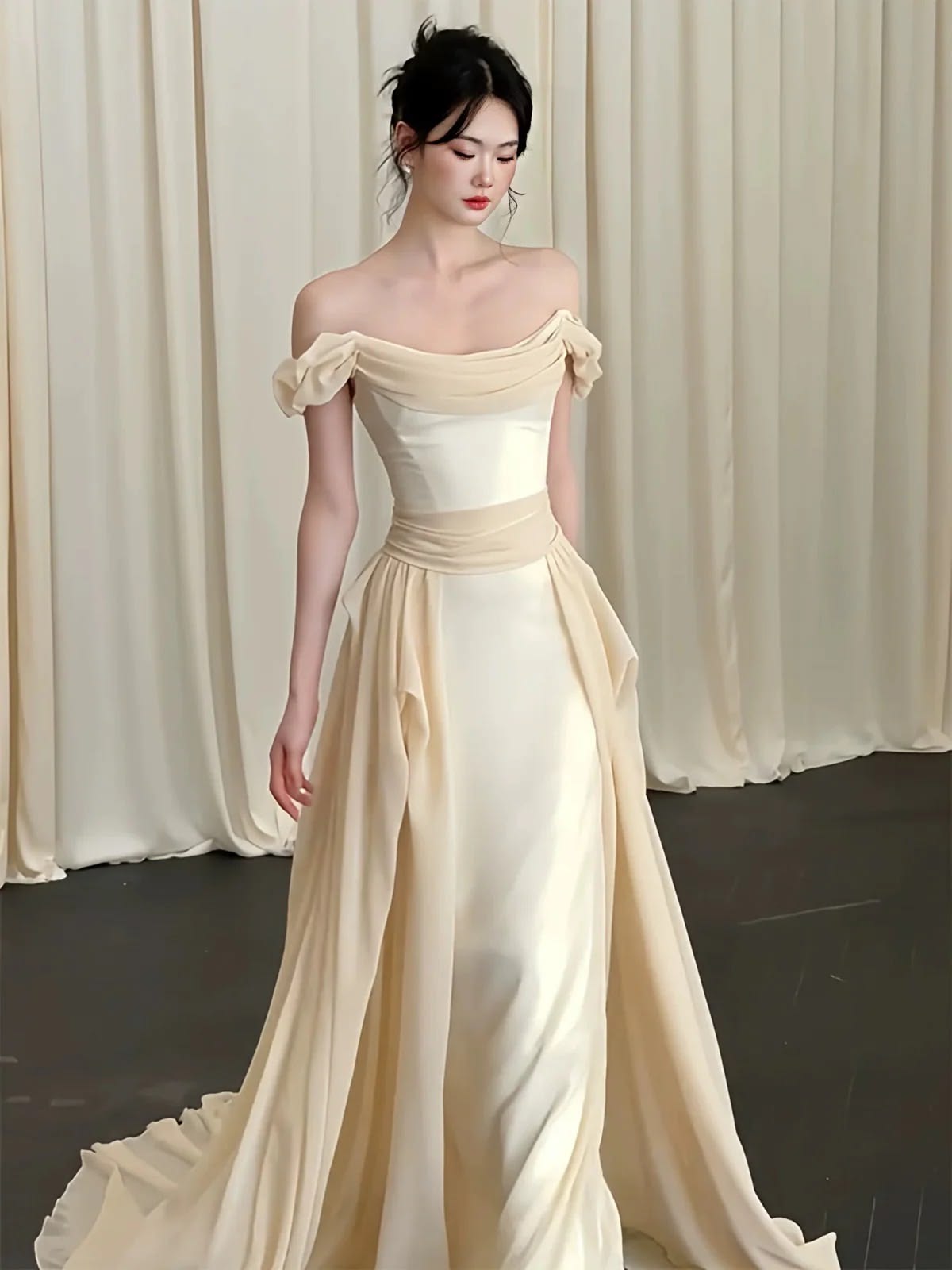 Gentle Apricot A Line Off the Shoulder Chiffon Satin Prom Dress Evening Dress DP6136