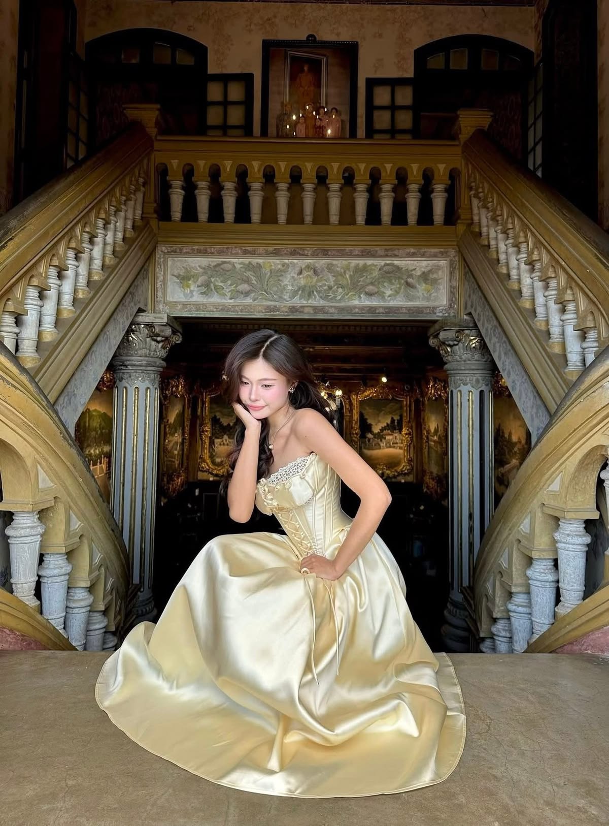 Retro Gold A Line Strapless Satin Long Prom Dress Evening Dress DP7829