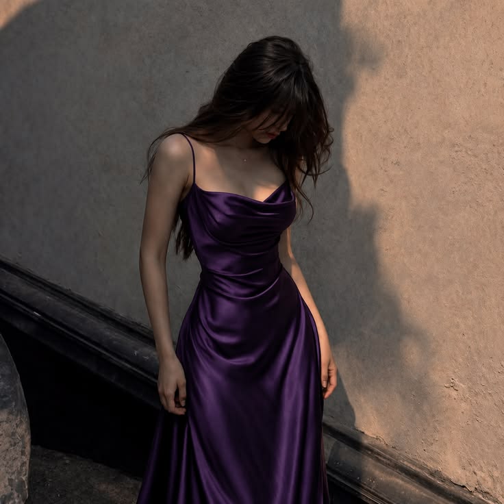 Simple A Line Spaghetti Purple Satin Long Prom Dress Evening Dress DP6897