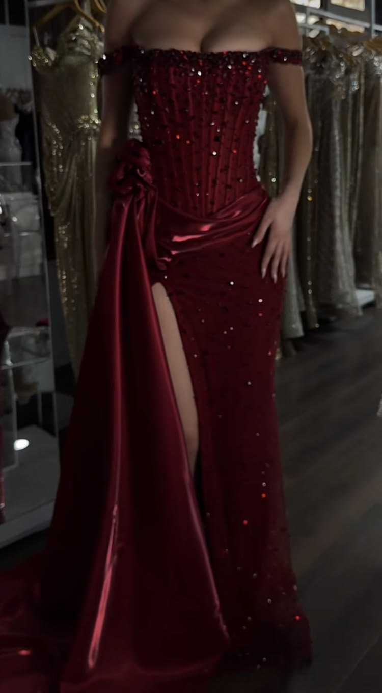 Burgundy Mermaid Off the Shoulder Corset Beaded Satin Long Prom Dress Party Dress DP8232